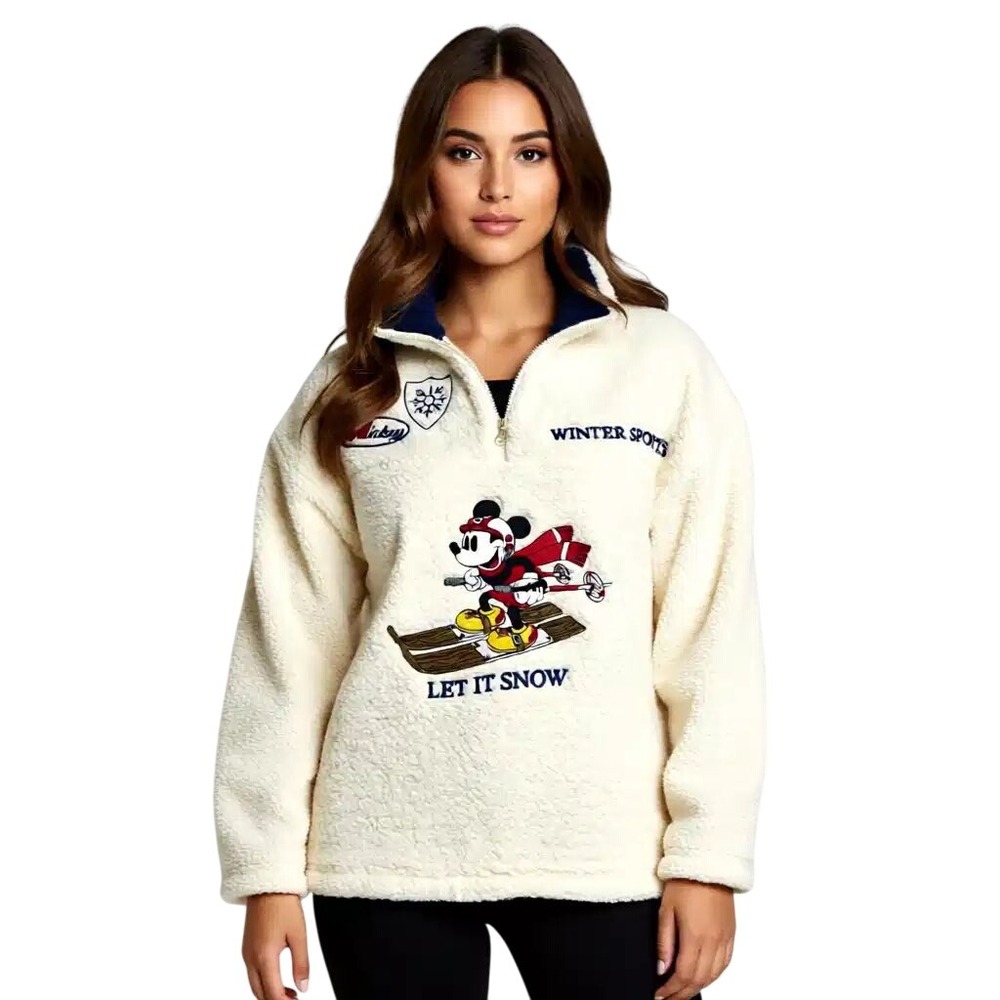 Disney Mickey Mouse Winter Sports Skiing Sherpa Fleece Quarter ZipSm NWT